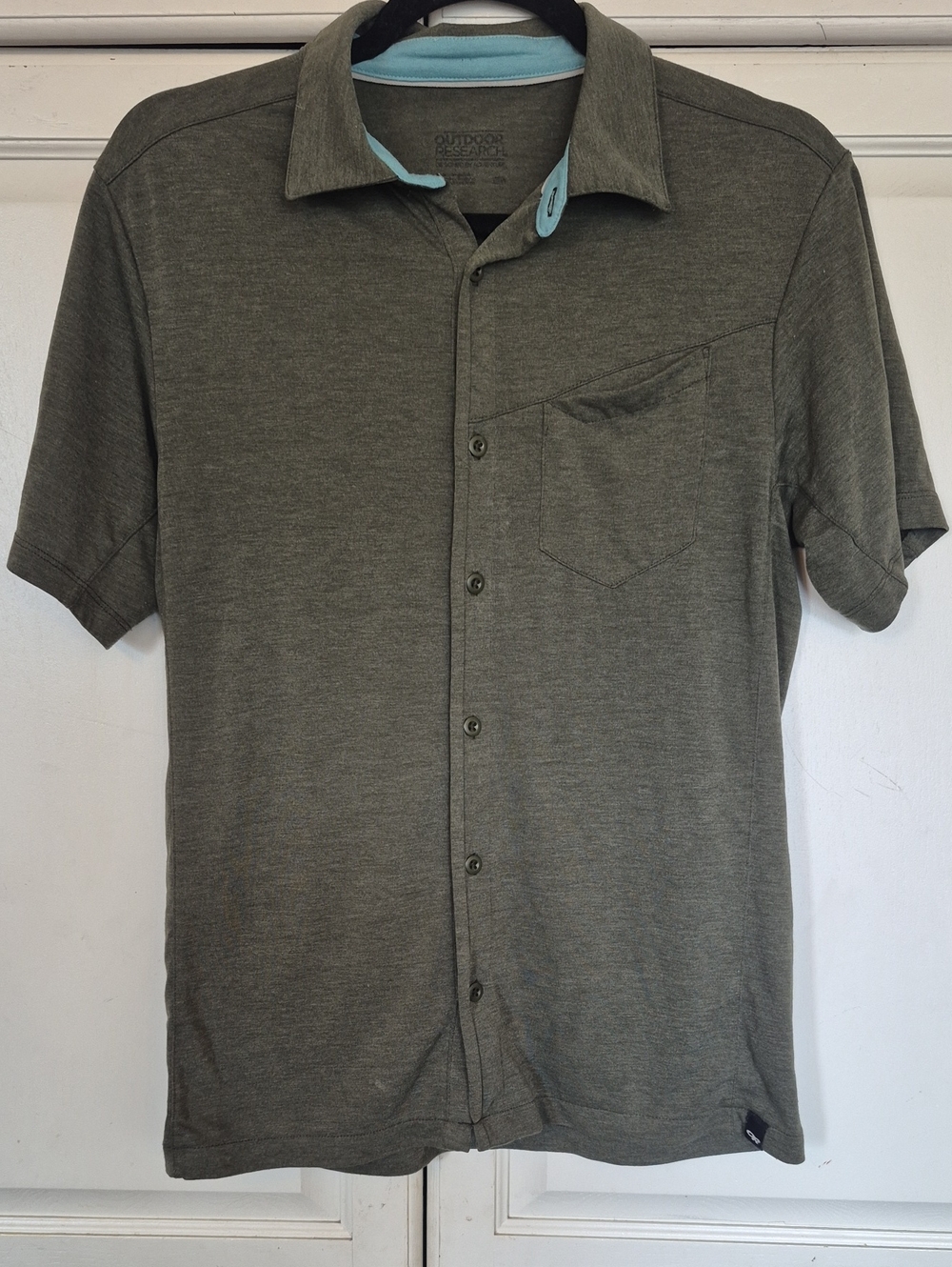 Outdoor Research Olive Green Short-Sleeve Button-Up with Light Blue Collar Trim